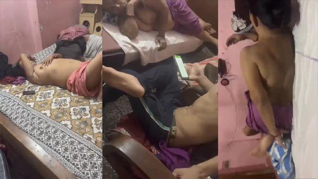 Aunty Showing Open Boobs Freely On Bed Near Kids